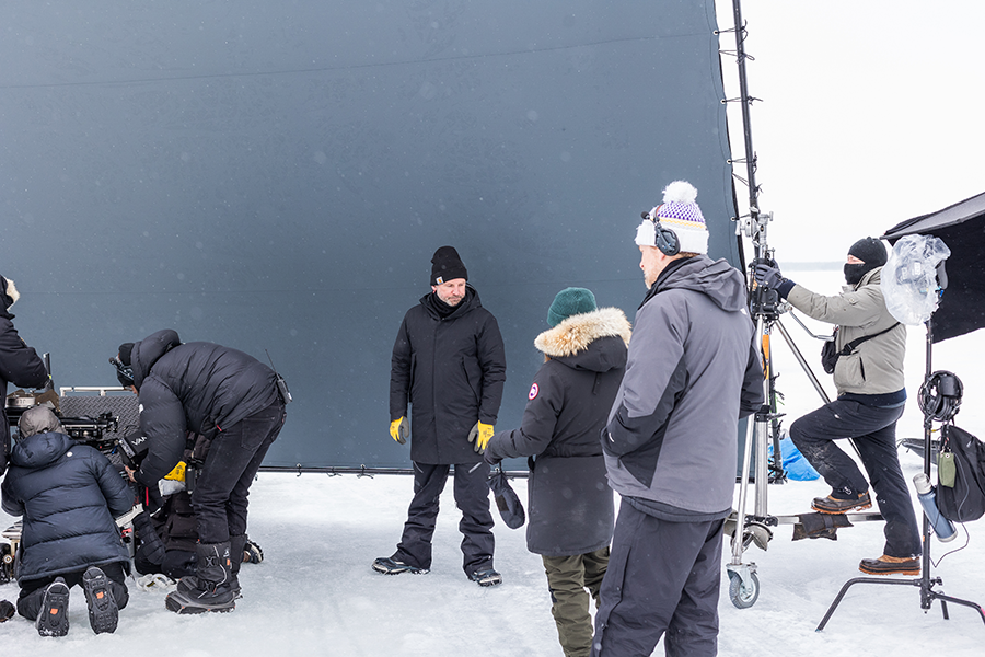 the Fisherwoman movie, director Brian Kirk in the set, Koli Nationalpark, Finland, lake ice movie set film crew